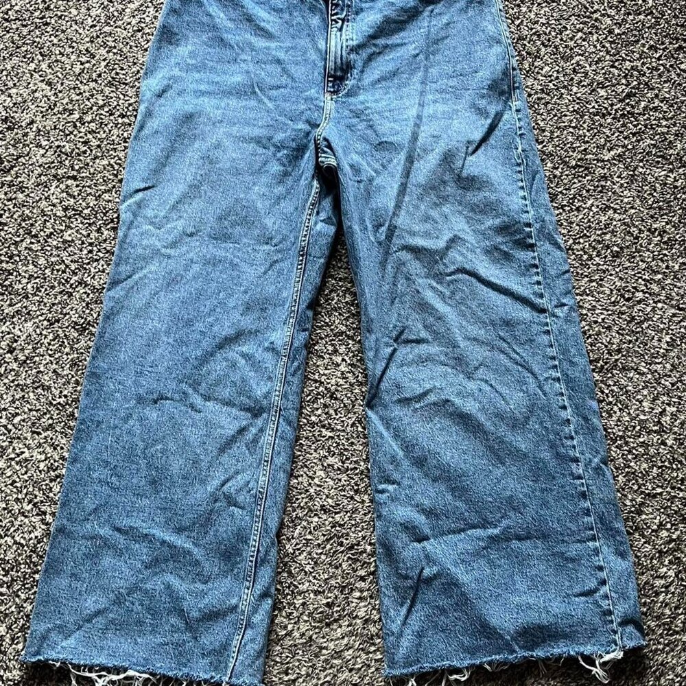 MNG Mango Jeans Womens 14 Blue High-Waisted Wide-Leg Frayed Distressed Denim